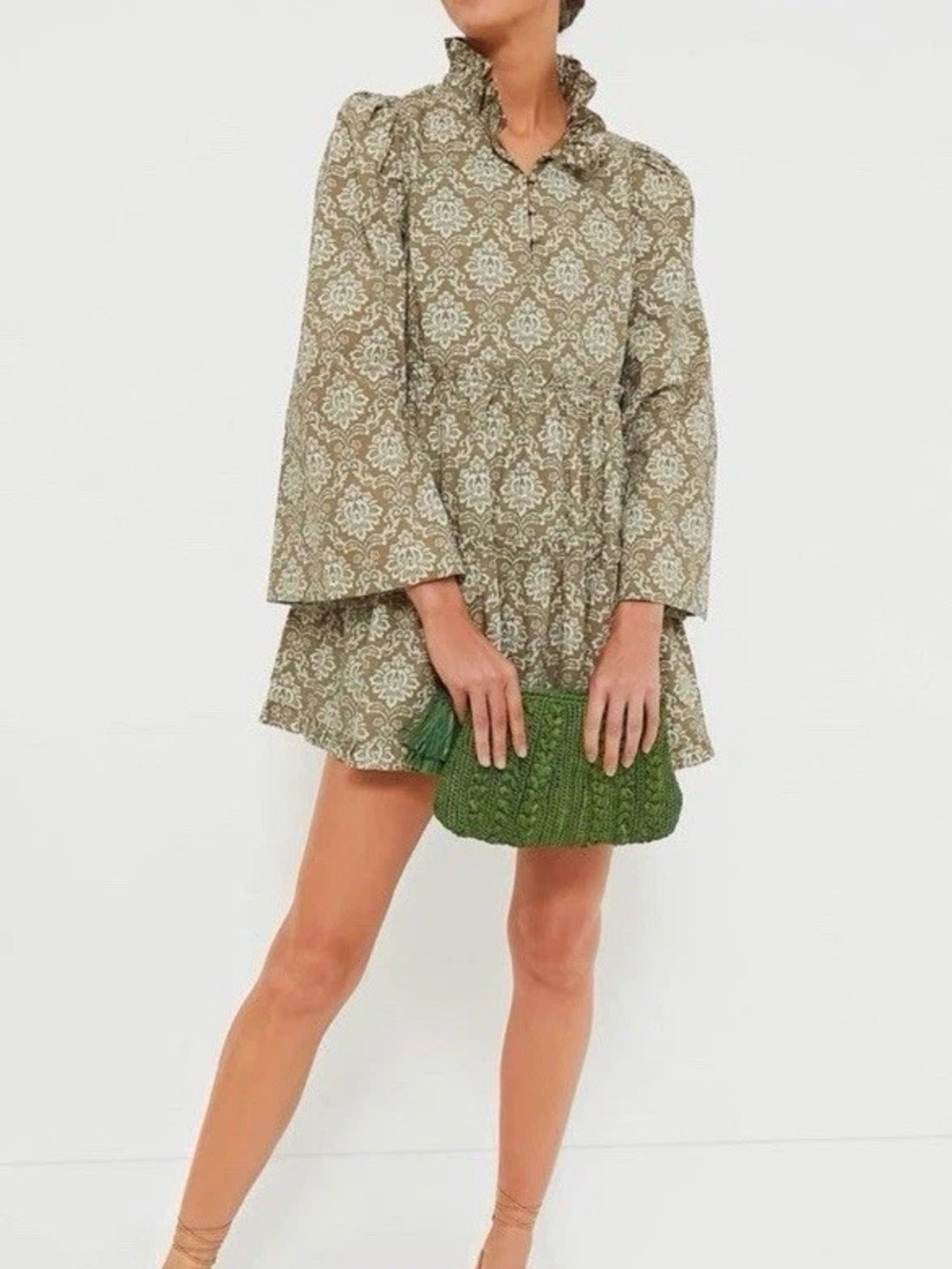 NWT TUCKERNUCK Ruffled Neck Printed Mini Dress in Olive